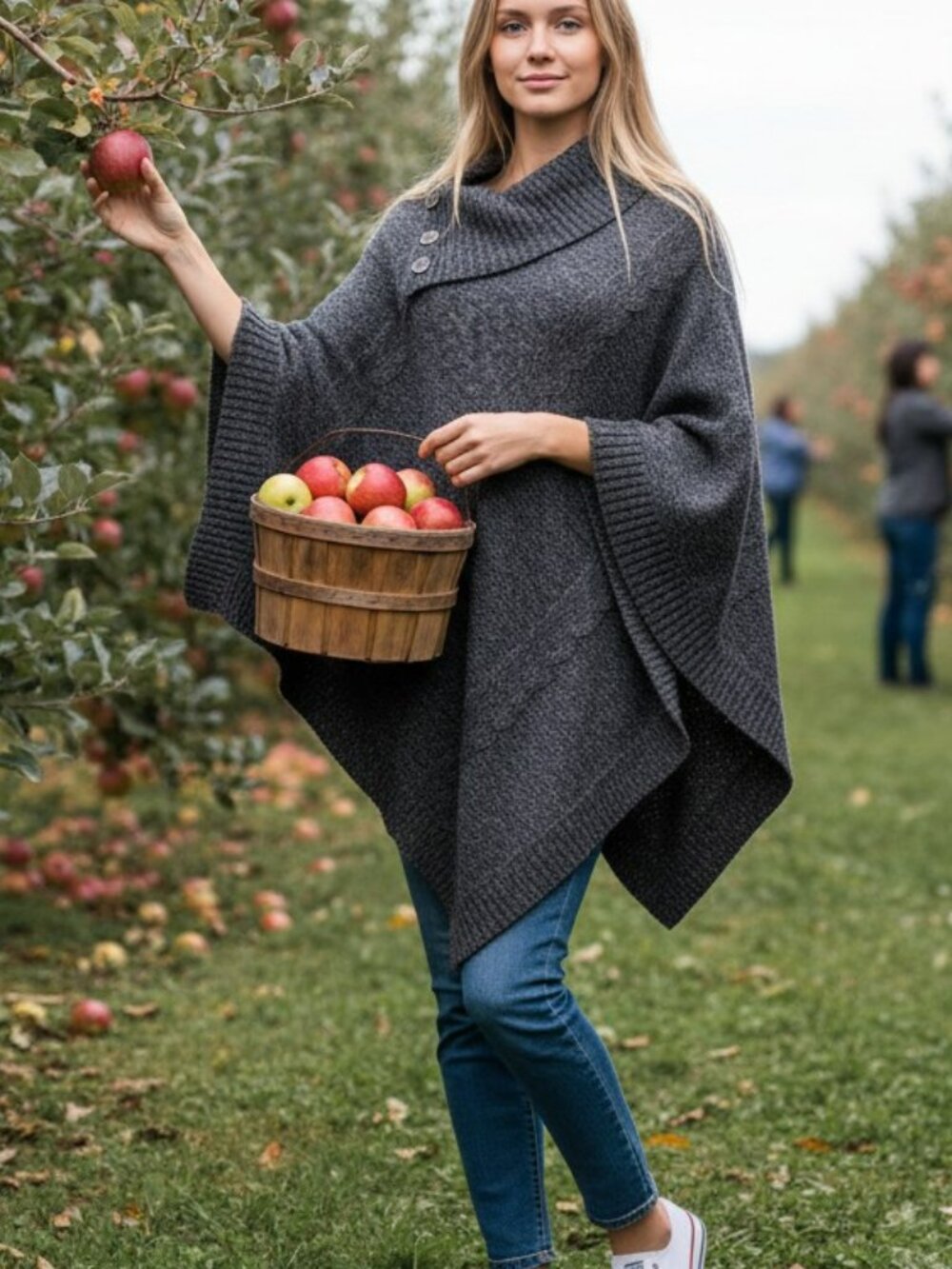 Karen Scott Charcoal Gray Button-Shoulder Knit Poncho Sweater Size Large